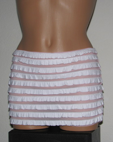 Pink and white frilly mini skirt.